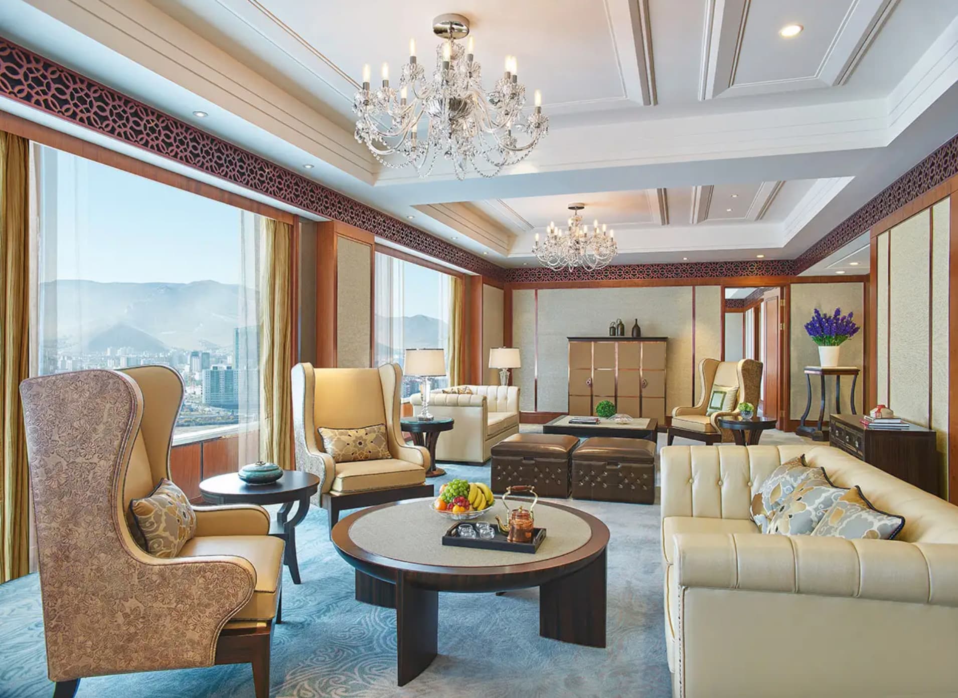 Luxurious guestroom with a city view at Shangri La Ulaanbaatar